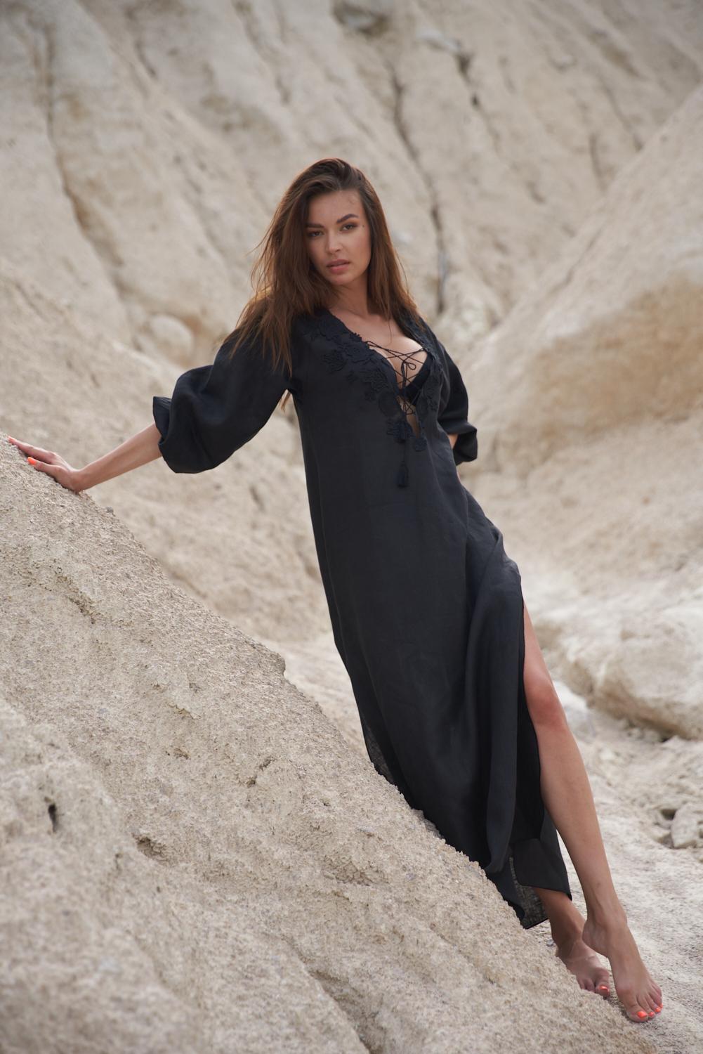 linen maxi dress black The Mykonos - Solid Black Linen Beach Dress