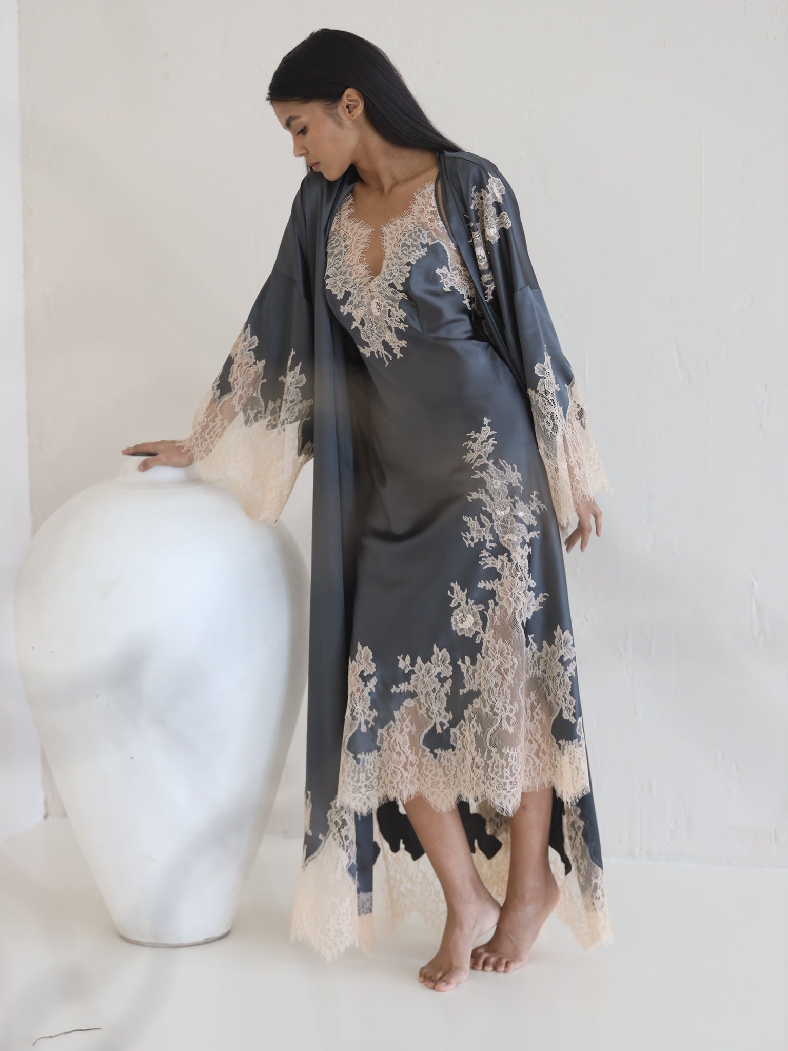 Louise lace-trimmed silk long robe