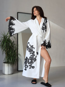 Marseilles lace-trimmed ivory velour long robe
