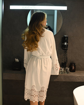 Marielle macrame-trimmed velor short robe
