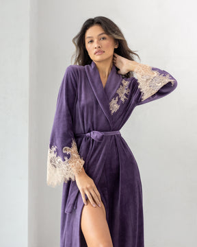 Marielle lace-trimmed velor long robe