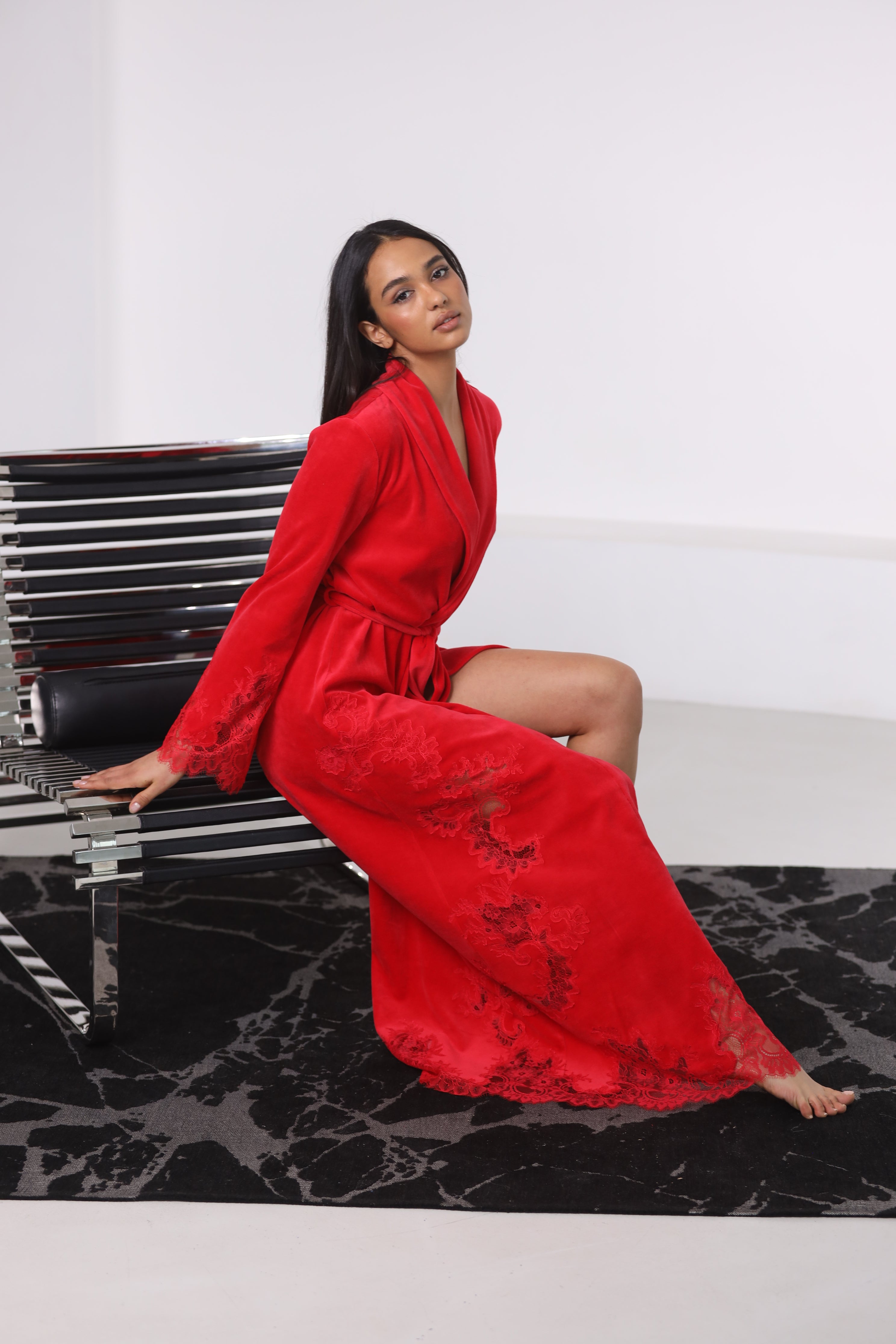 Madeleine Long Velour Robe Red | Luxury Robe by Suavite’ – Suavite-com