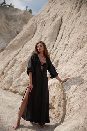 Black linen maxi dress 146172