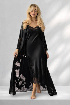 Maddie long silk robe in black