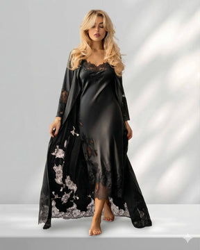 Maddie long silk robe in black