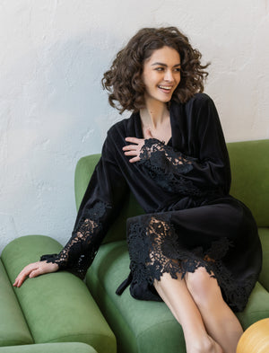 Marielle guipure-trimmed black velour short robe