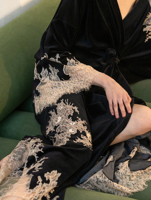 Marseilles lace-trimmed velor long robe
