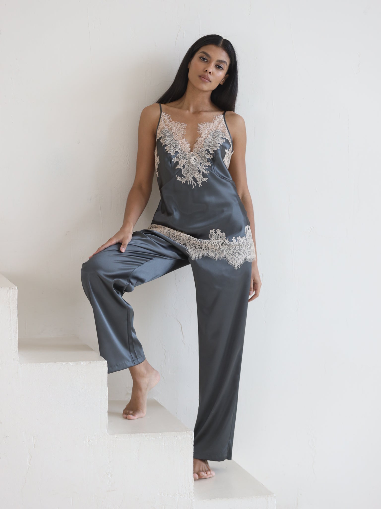 Louise lace-trimmed satin pajamas
