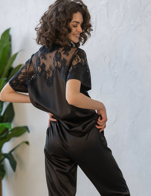 black silk pajama dress Idoravan Womens Silk Lace Robe Dress Babydoll Sleepwear Nightdress Pajamas Set Four-piece suit