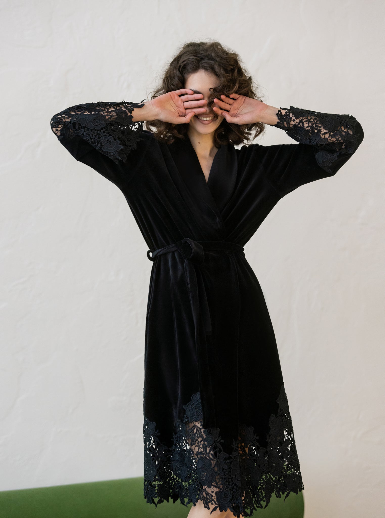 Marielle guipure-trimmed black velour short robe