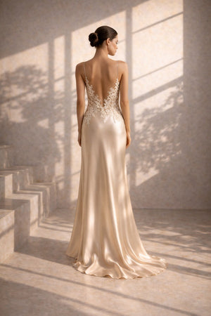 Luxury Silk Lace Bridal Gown – Champagne Wedding Silk Dress