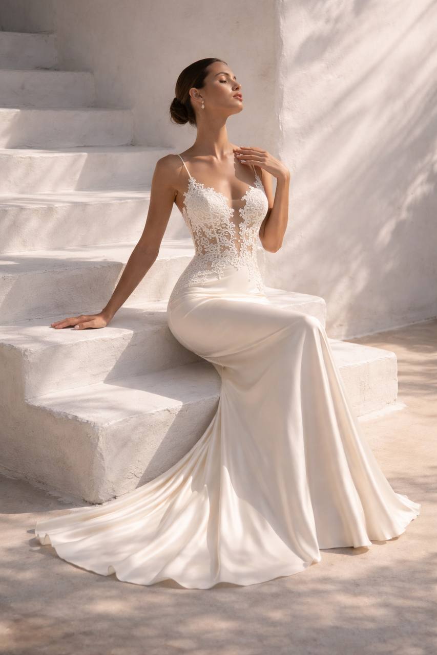 ISABEAU Silk Lace Evening & Bridal Dress In Ivory