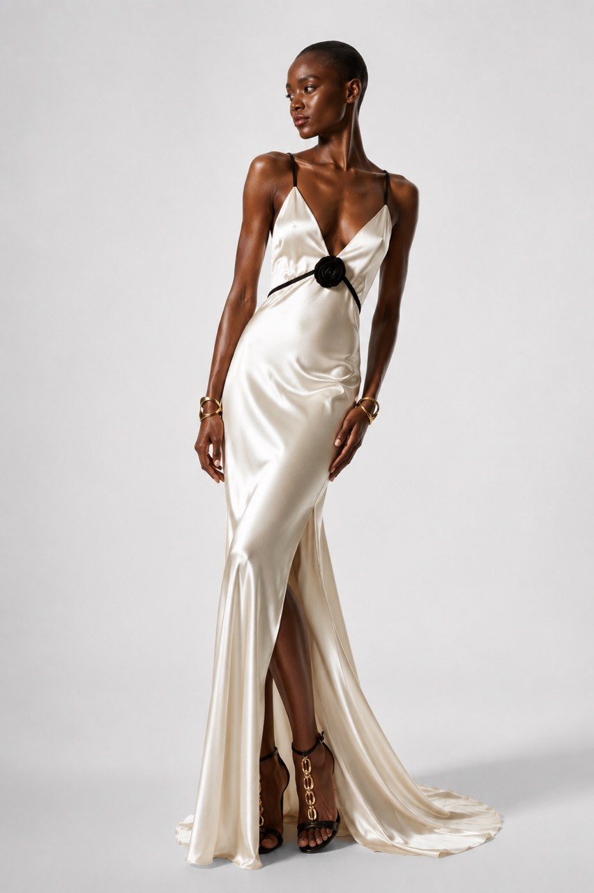 SÉRAPHINE Long Silk Night Dress with Open Back