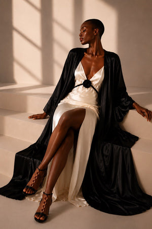 SÉRAPHINE Long Black Silk Robe with Ruffled Hem