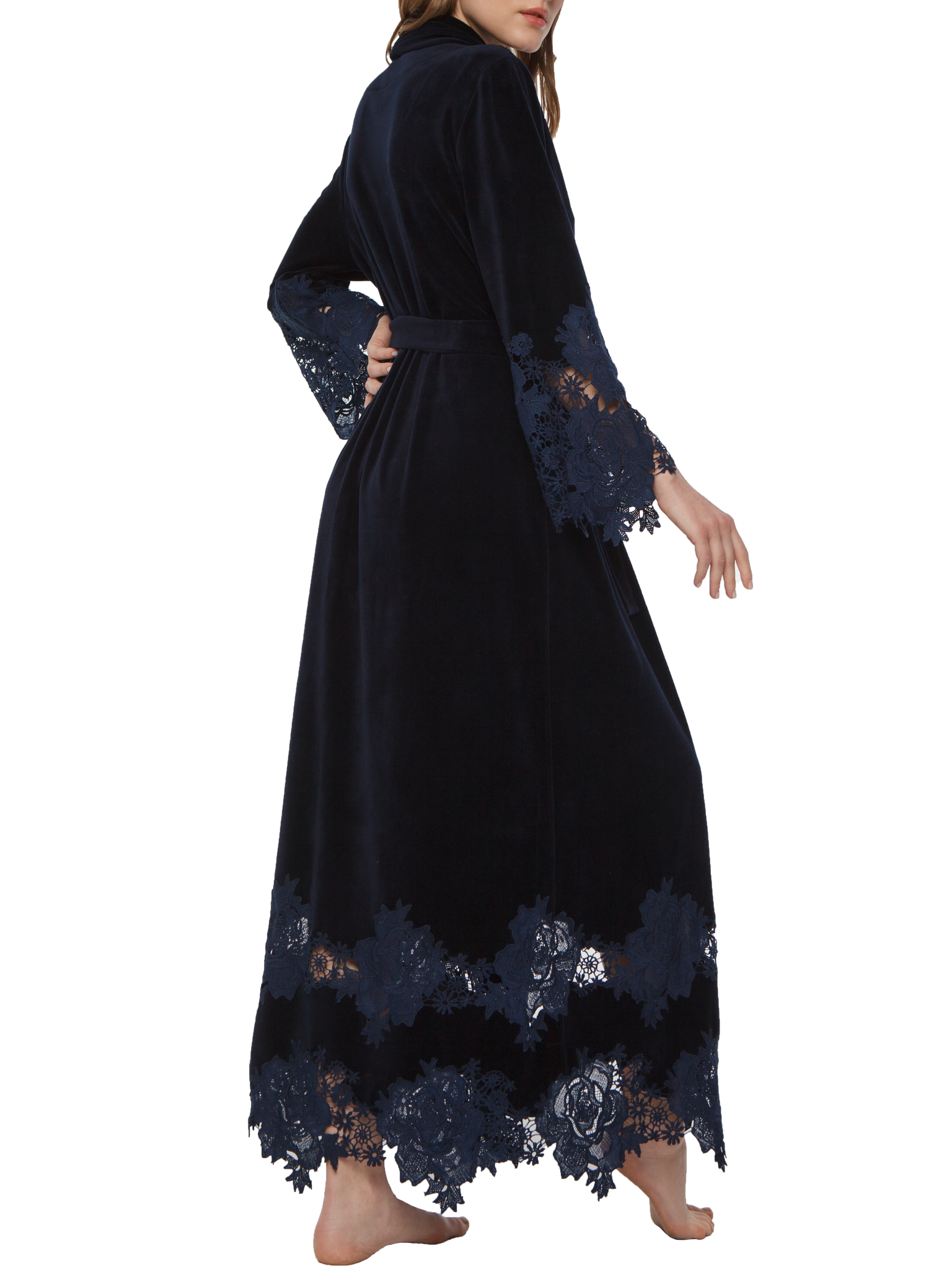 Marielle macramé-trimmed blue velour long robe