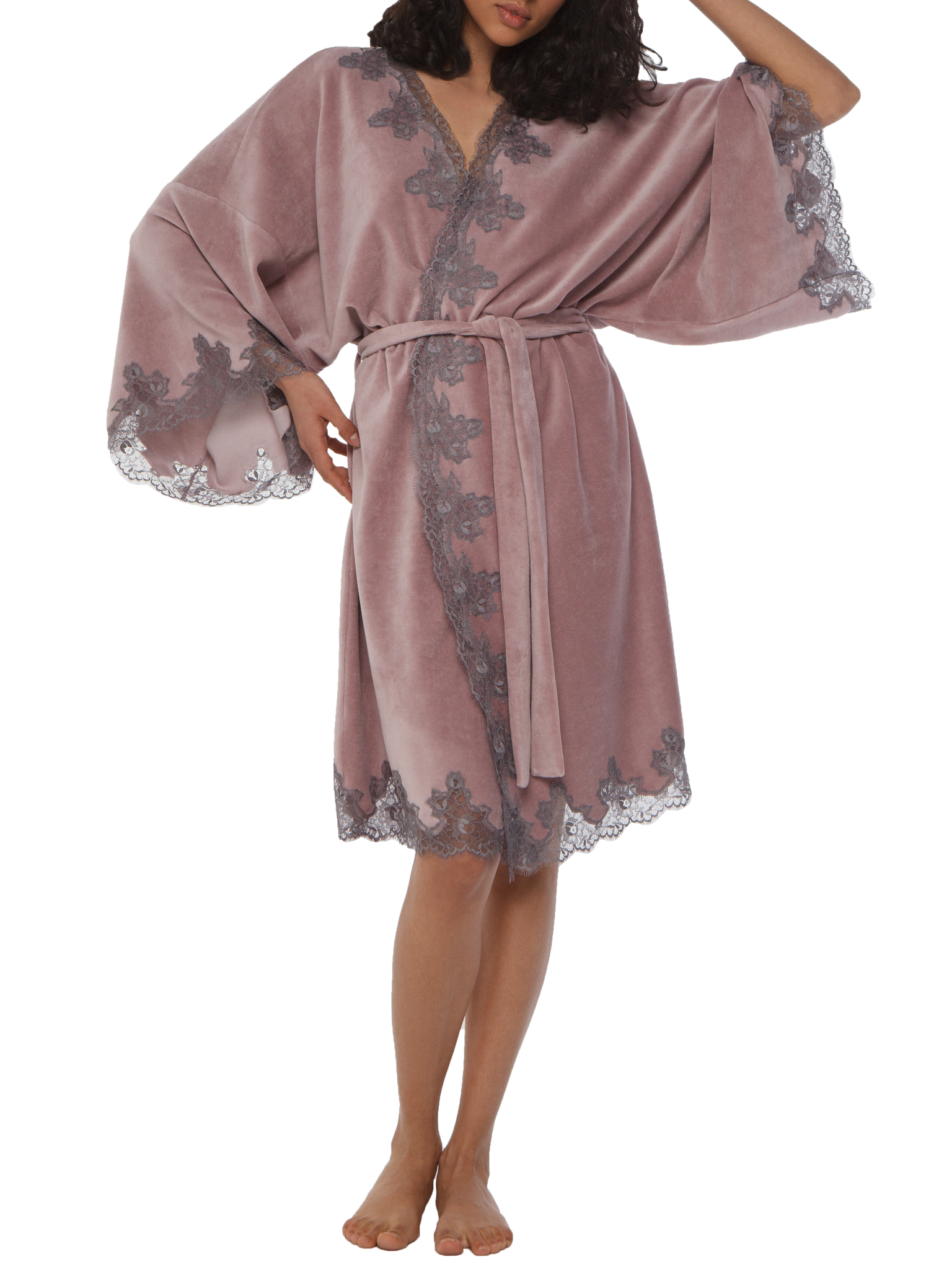 Meriam lace-trimmed velour short robe