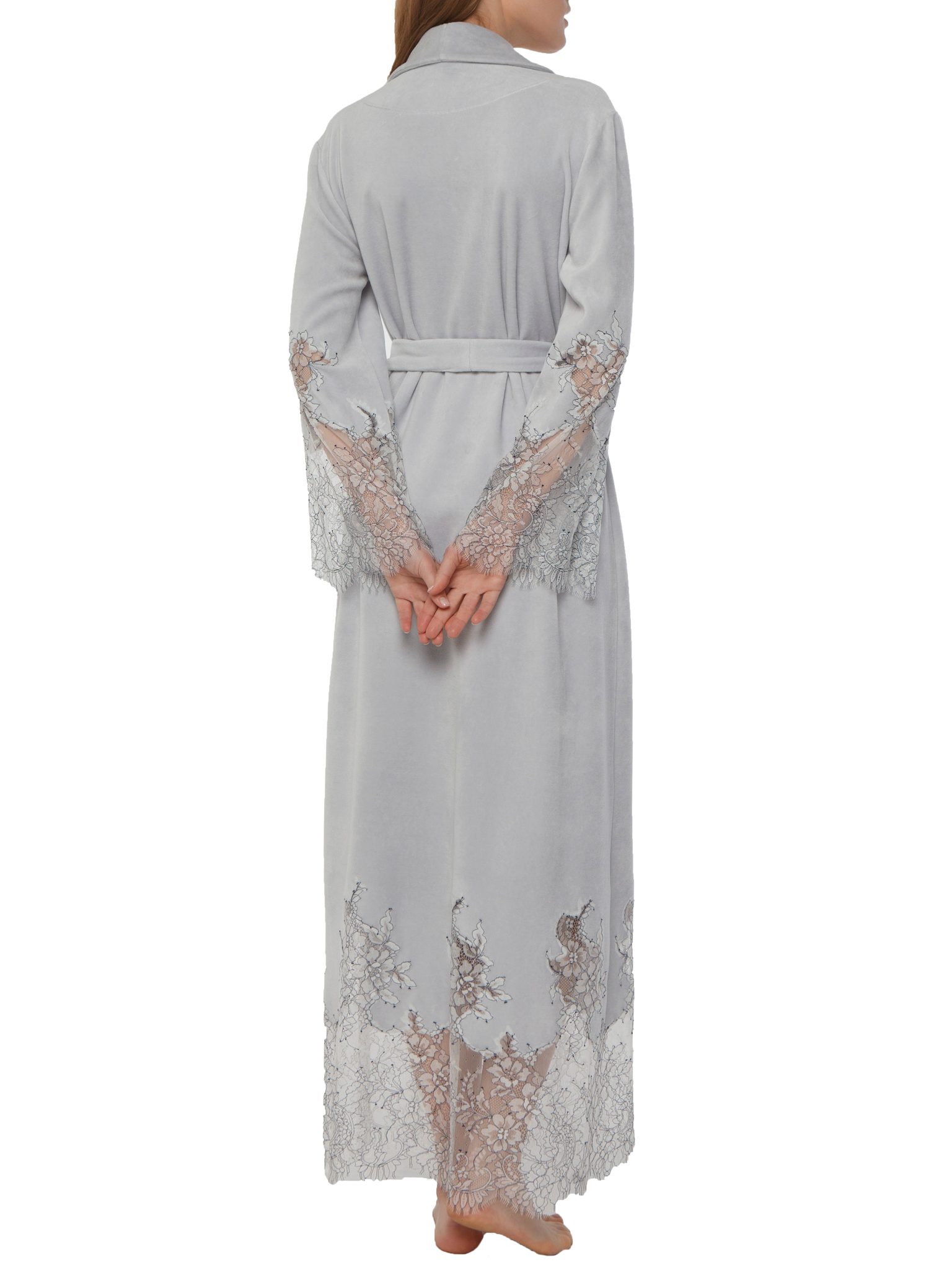 Marielle lace-trimmed light grey velour maxi robe Limited edition