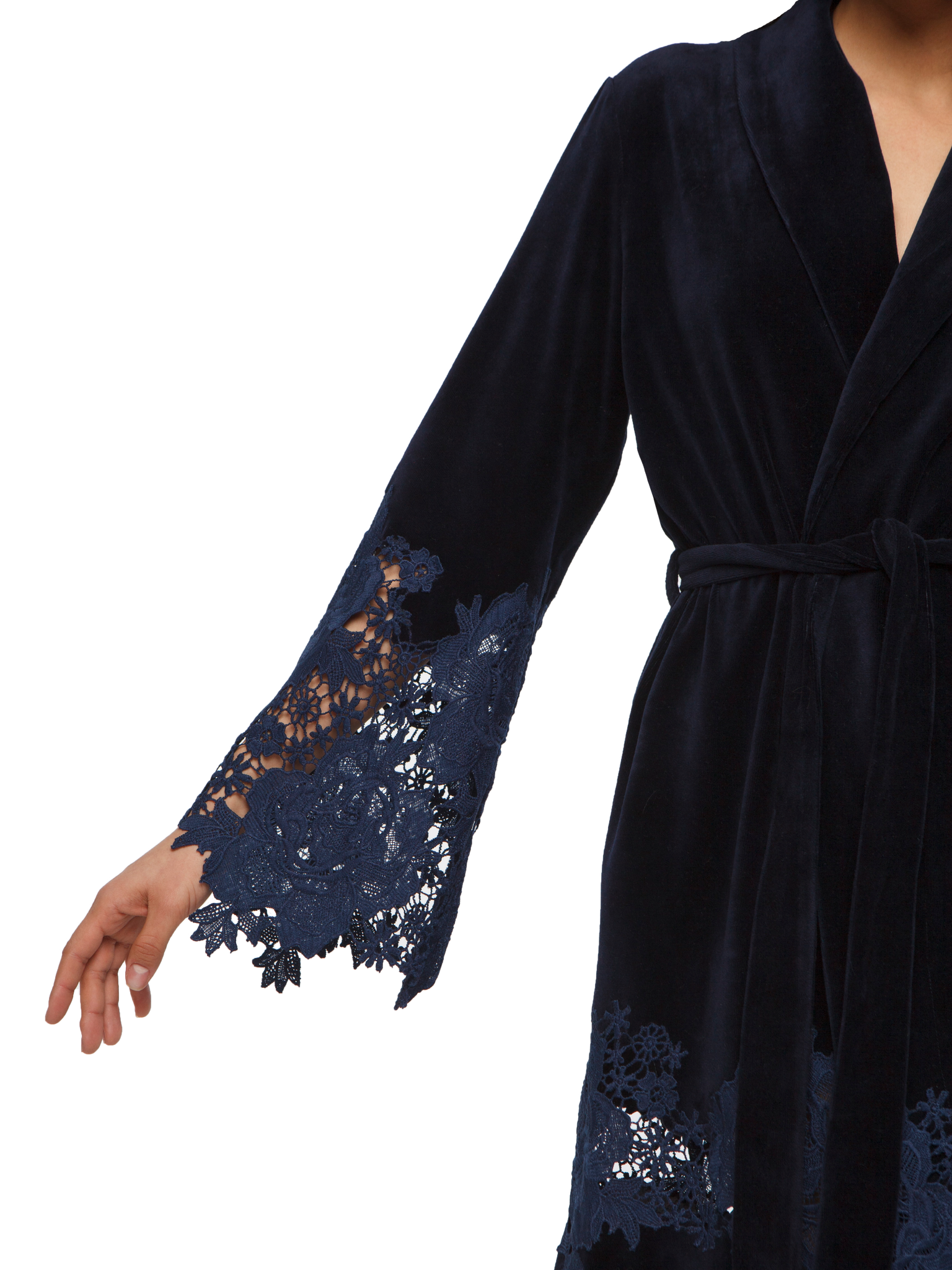 Marielle lace-trimmed blue velour short robe