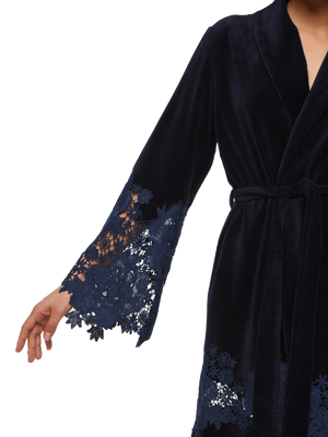 Marielle lace-trimmed blue velour short robe