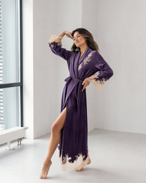 Marielle lace-trimmed velor long robe