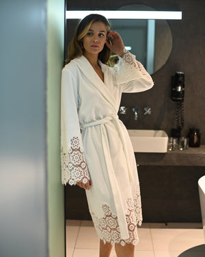 Marielle macrame-trimmed velor short robe