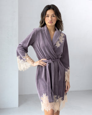Marielle lace-trimmed velor robe