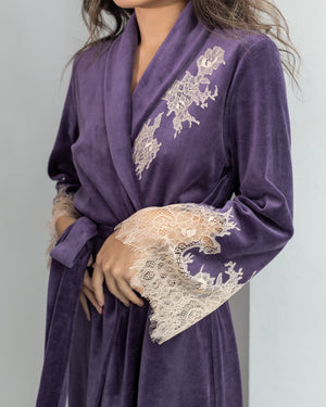 Marielle lace-trimmed velor long robe