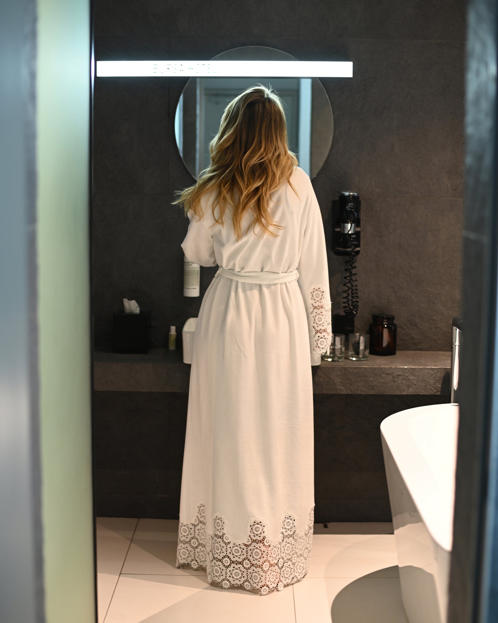 Marielle macrame-trimmed velour long robe
